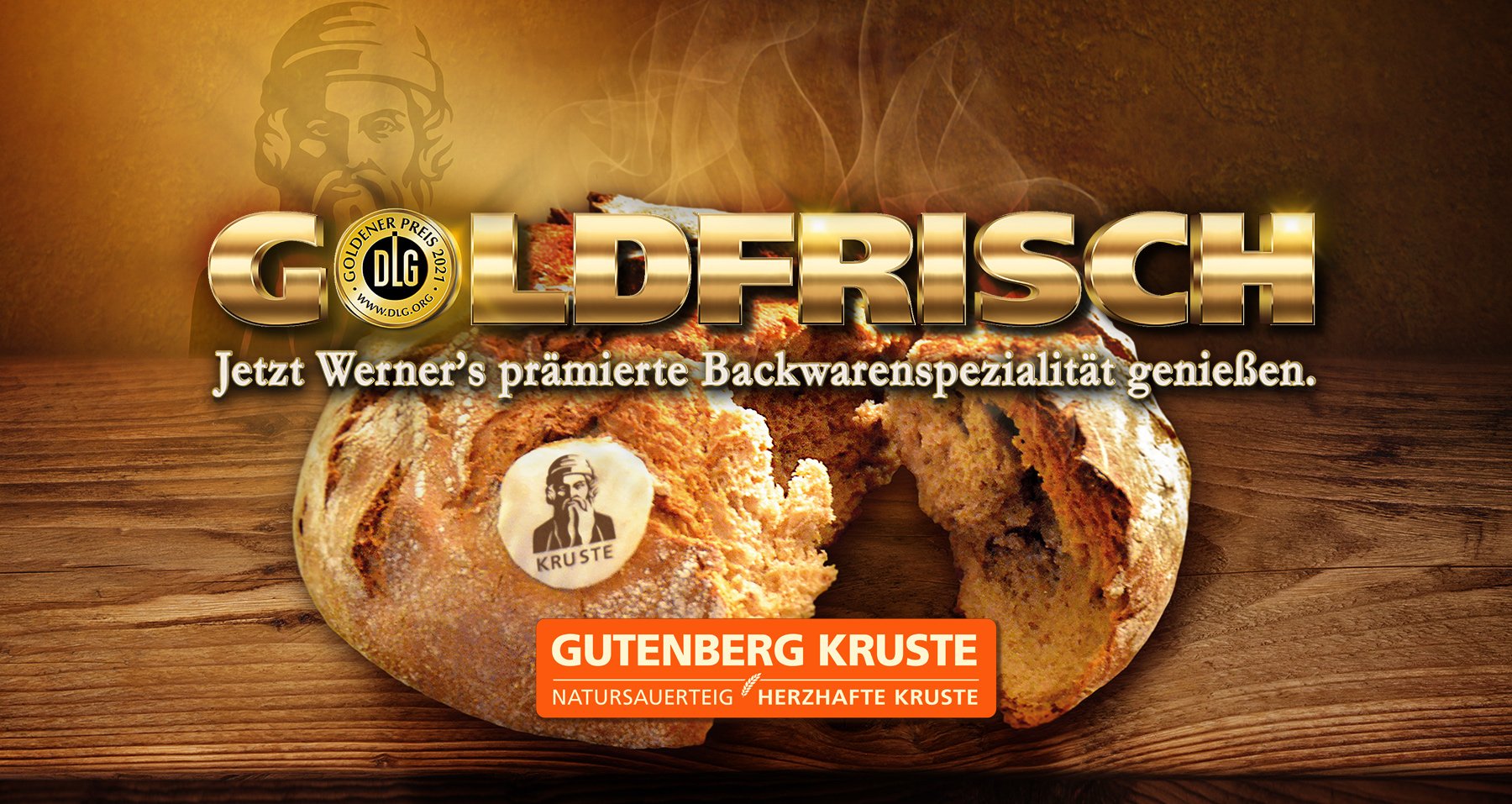 Goldfrisch-Schriftzug in Gold über einem Brot
